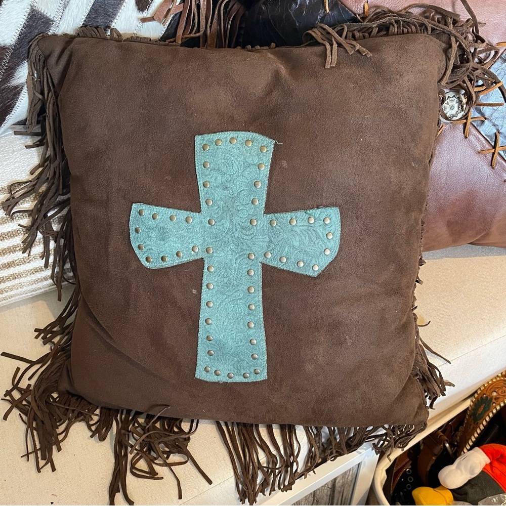 HiEnd Accents Paseo Road Western Cross Faux Suede Leather Fringe Pillow 18”